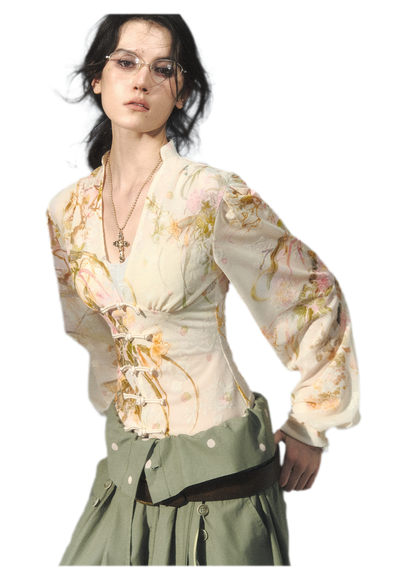 Blusa in jacquard di velluto con maniche a lanterna