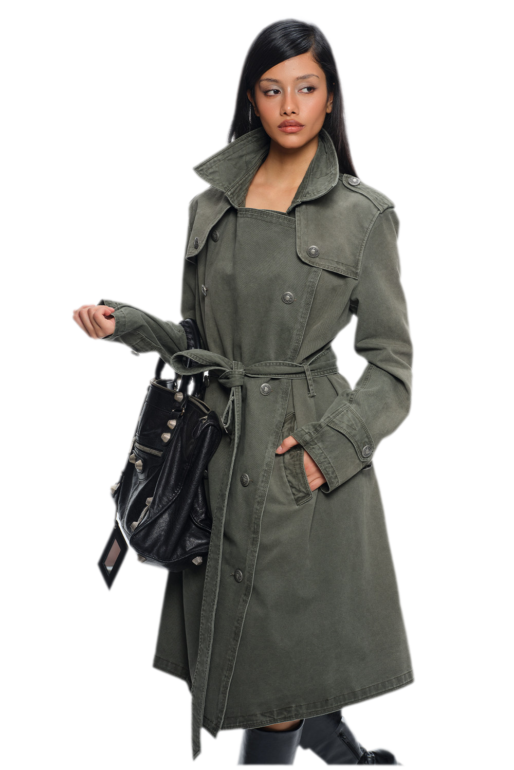 Washed Military Green Trench Coat