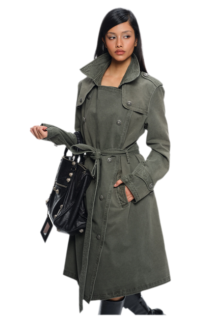 Washed Military Green Trench Coat