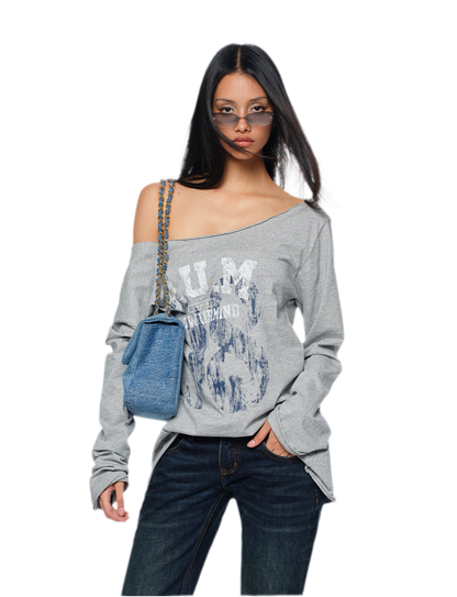 Asymmetric Printed Oversized Long-Sleeve T-Shirt