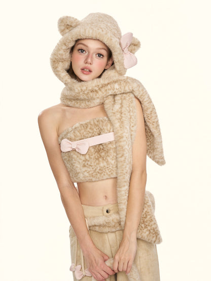 Cappello-sciarpa in pelliccia con stampa leopardata