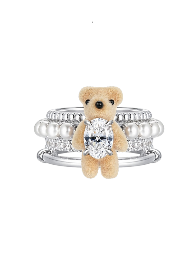 Plush Teddy Bear Pearl Ring