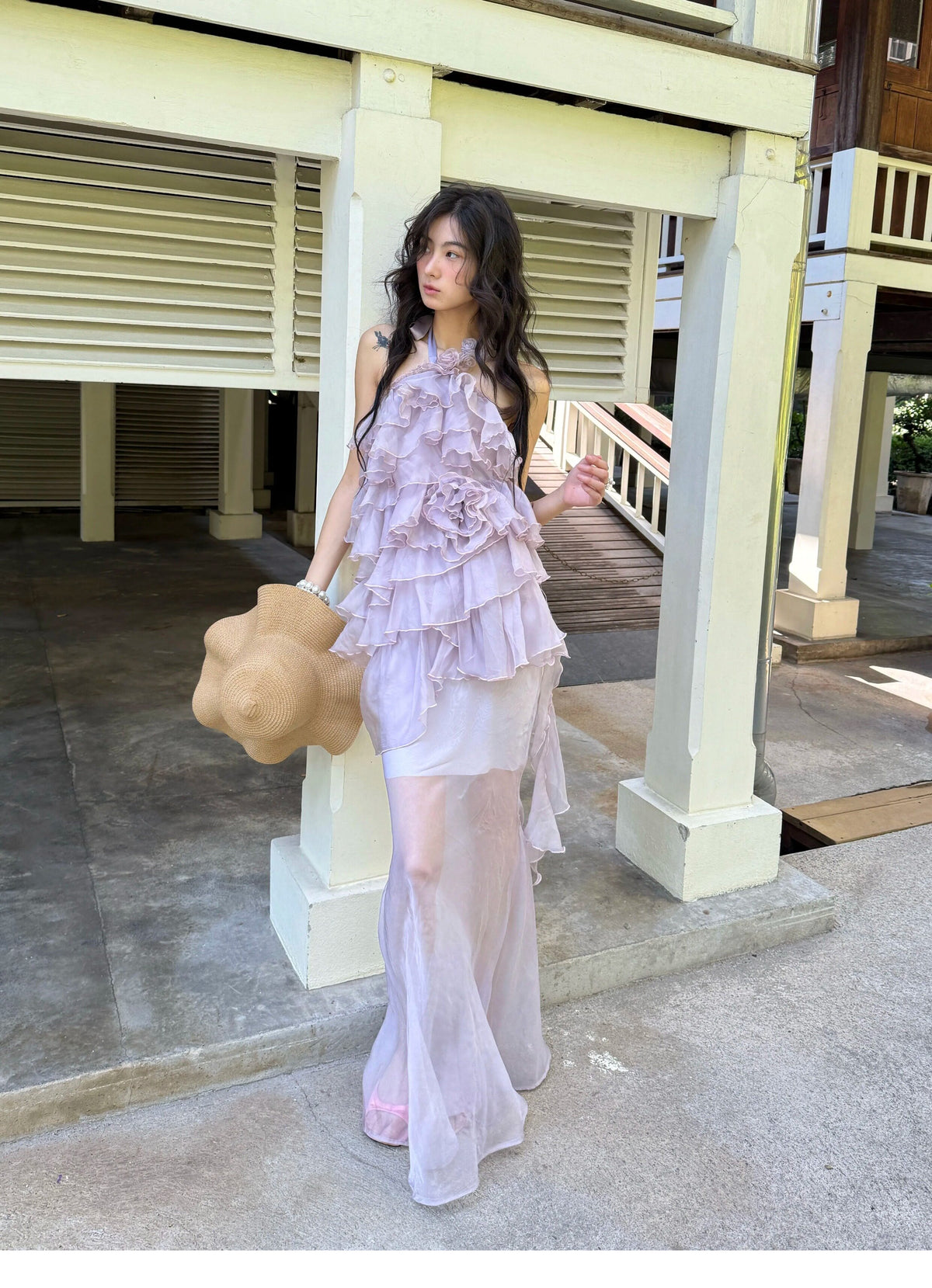Sheer Rose Halter Fishtail Dress