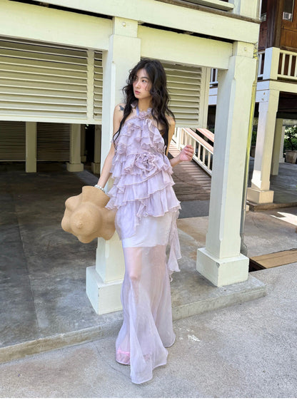 Sheer Rose Halter Fishtail Dress