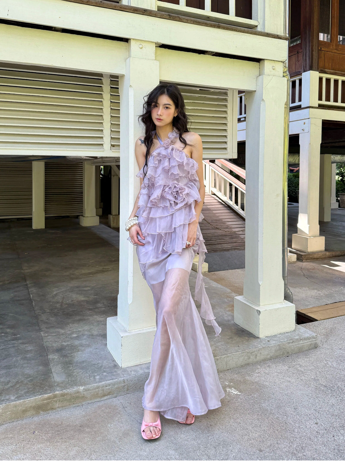 Sheer Rose Halter Fishtail Dress