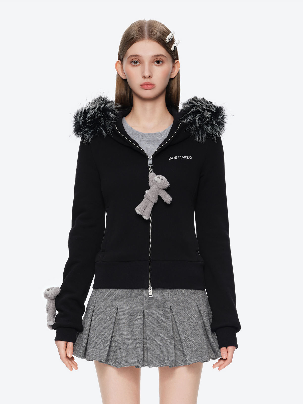 Plush Bear-Trim Fitted Hoodie