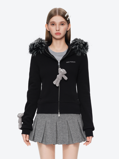 Plush Bear-Trim Fitted Hoodie