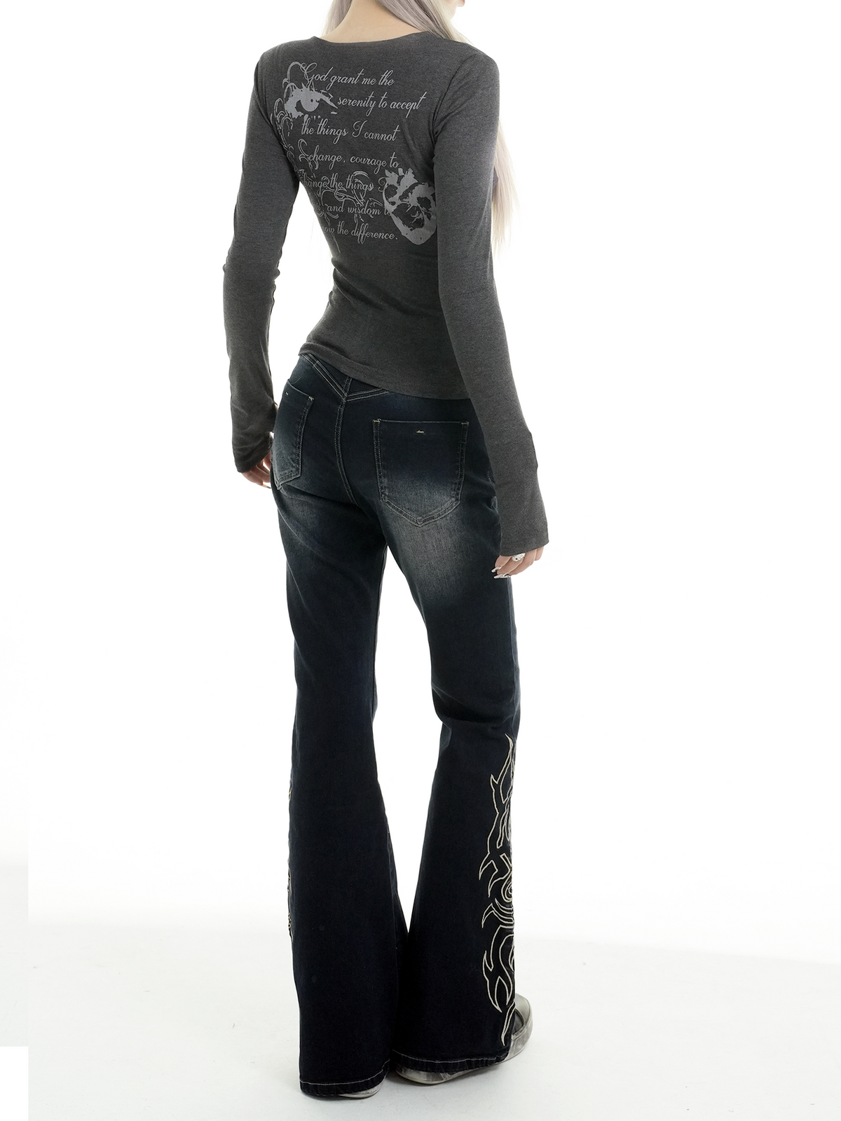 Embroidered Flared Wide-Leg Jeans