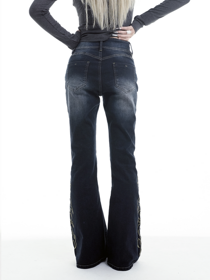 Embroidered Flared Wide-Leg Jeans