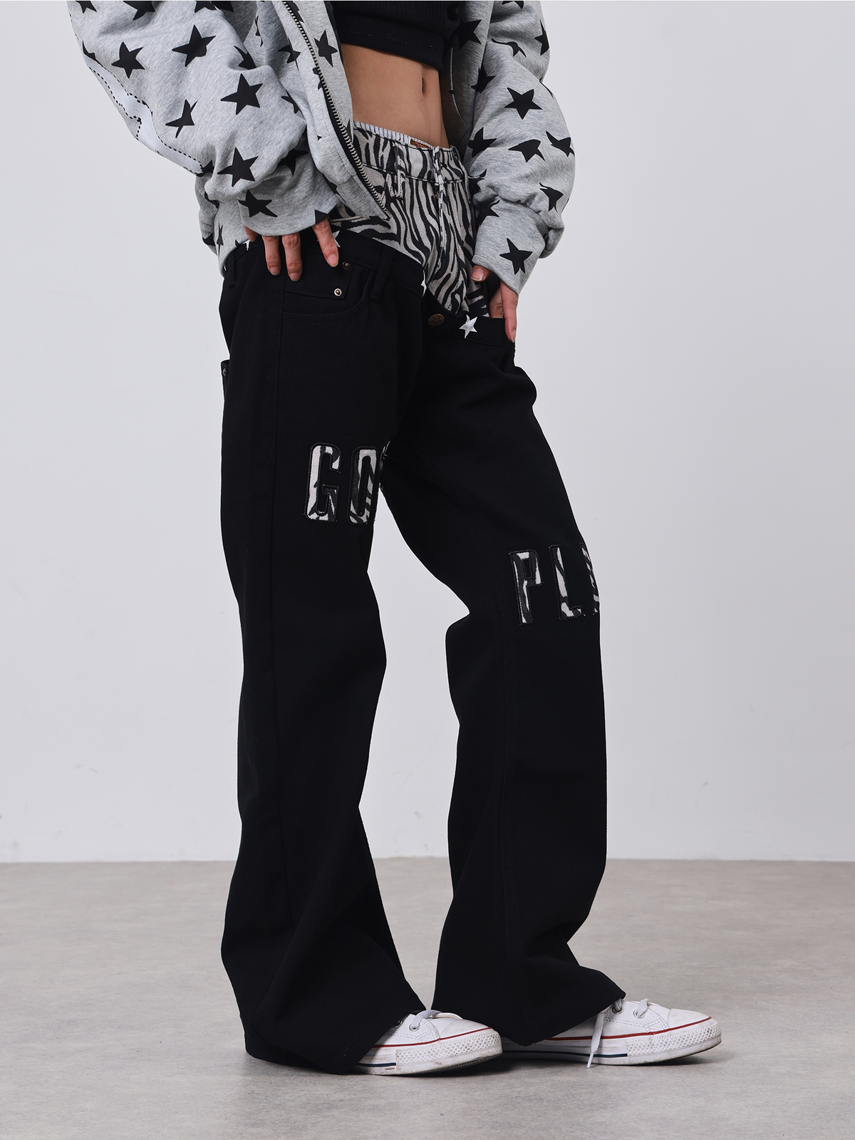 Zebra Panel Flared Jeans