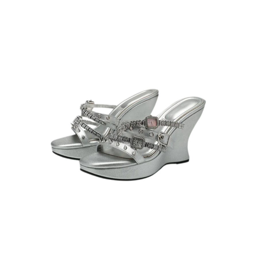 Rhinestone Strap Wedge Mules