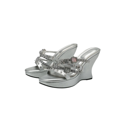 Rhinestone Strap Wedge Mules
