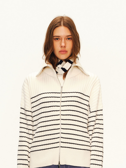 Striped Stand-Collar Zip Cardigan