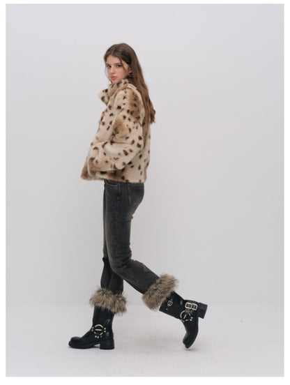 Leopard Faux Fur Buckle Jacket