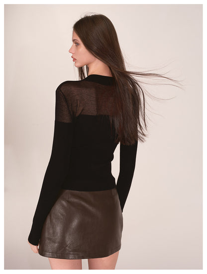 Sheer Mesh Mock-Neck Knit Top