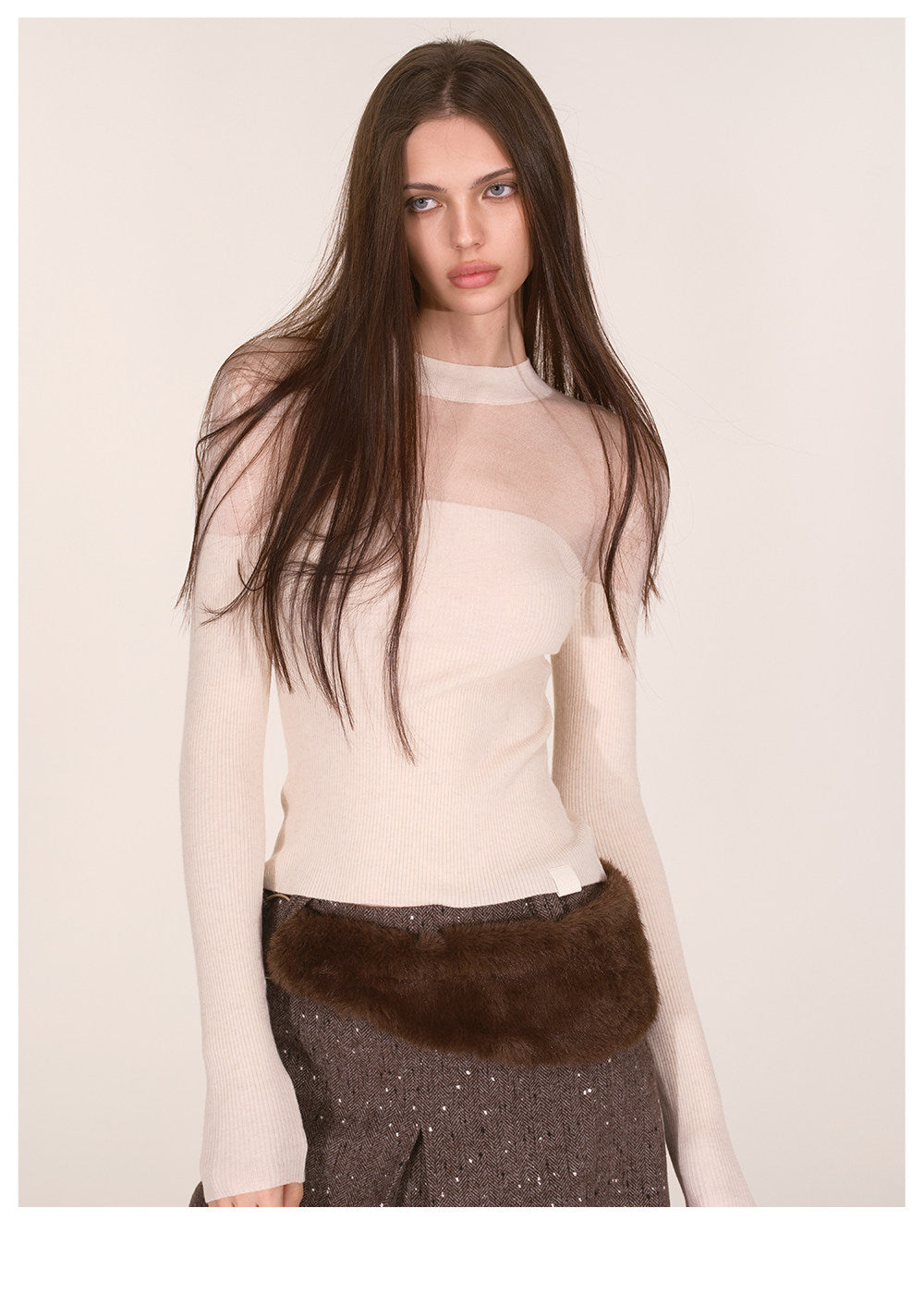 Sheer Mesh Mock-Neck Knit Top