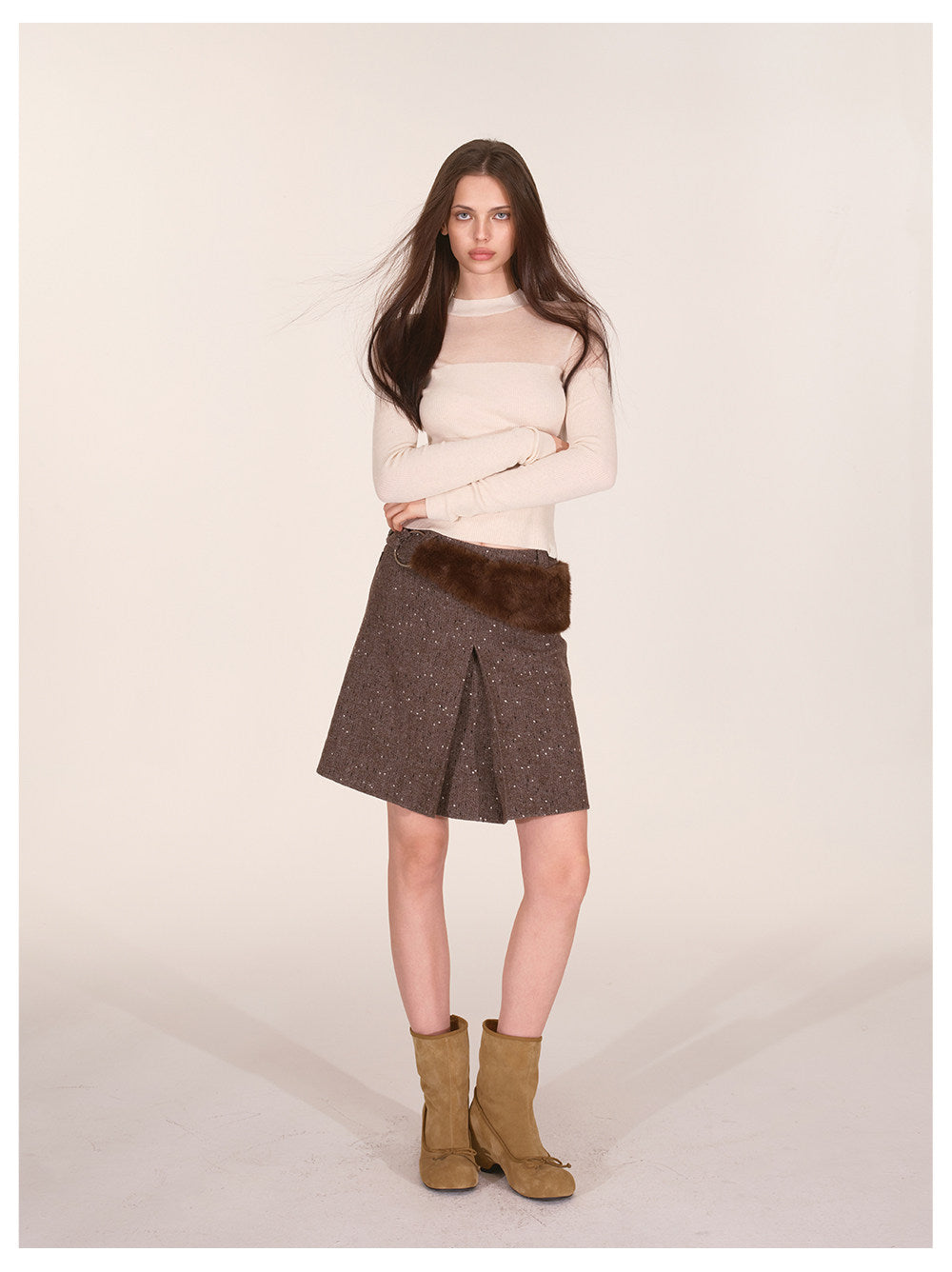 Sheer Mesh Mock-Neck Knit Top