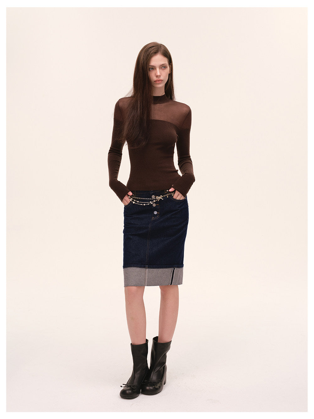 Sheer Mesh Mock-Neck Knit Top