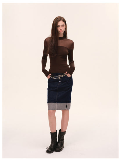 Sheer Mesh Mock-Neck Knit Top