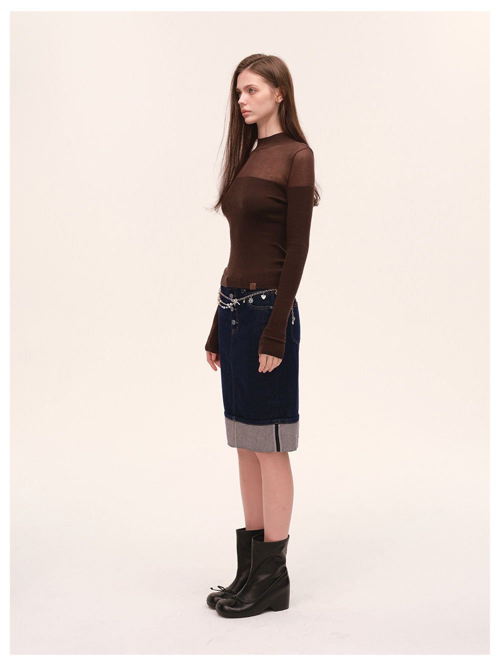 Sheer Mesh Mock-Neck Knit Top