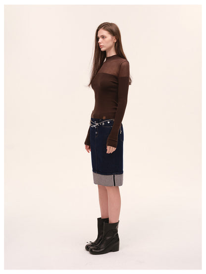 Sheer Mesh Mock-Neck Knit Top