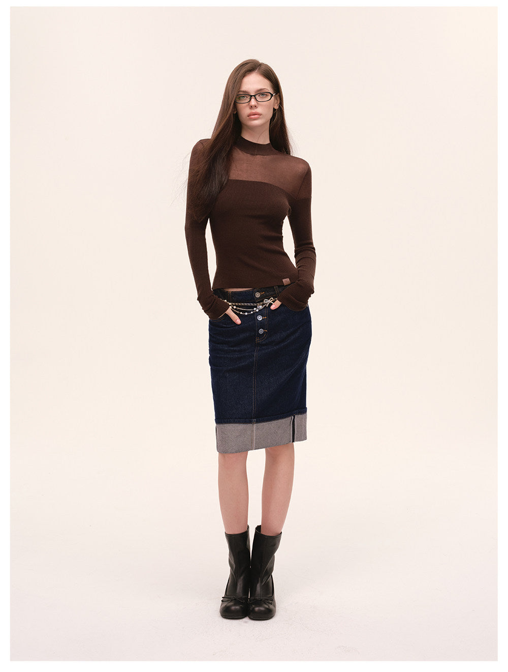Sheer Mesh Mock-Neck Knit Top
