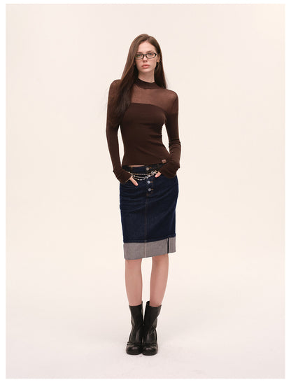 Sheer Mesh Mock-Neck Knit Top