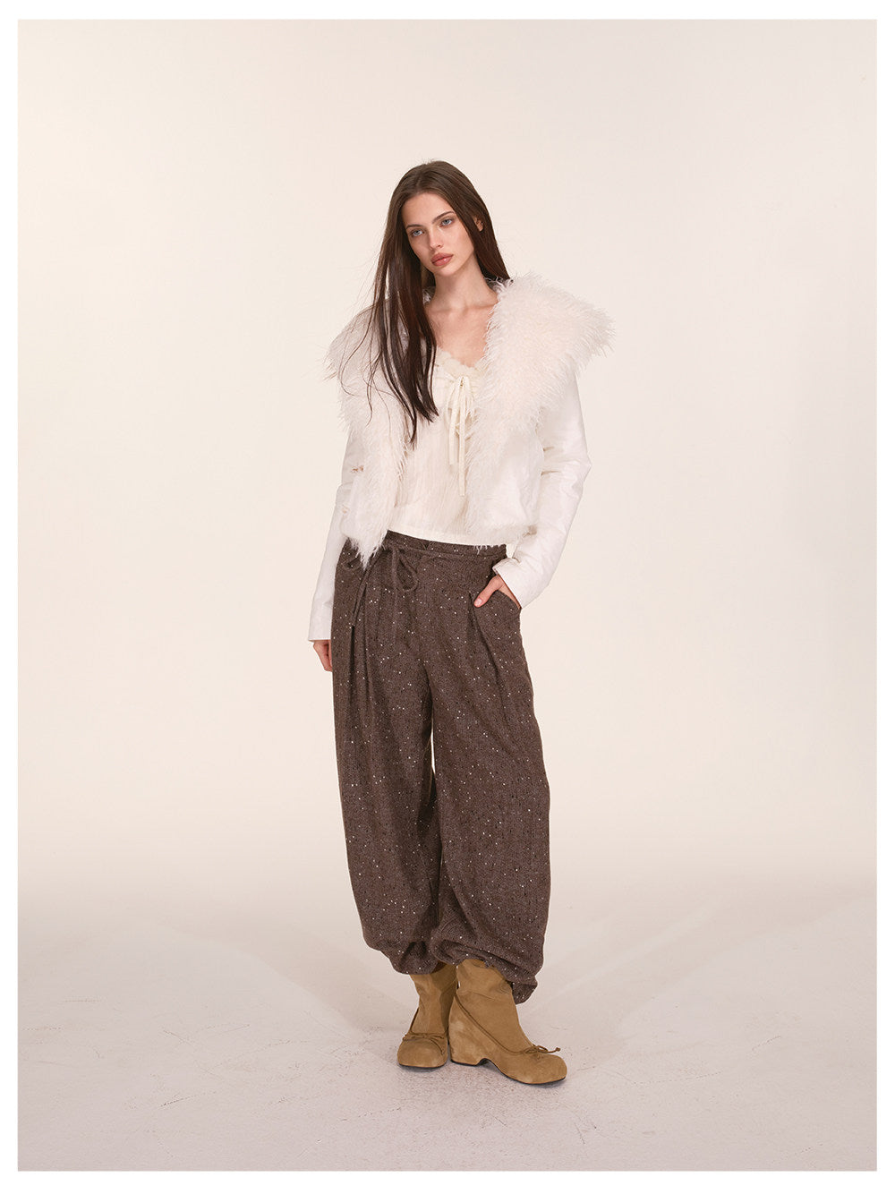 Wool Tweed Drawstring Wide-Leg Trousers