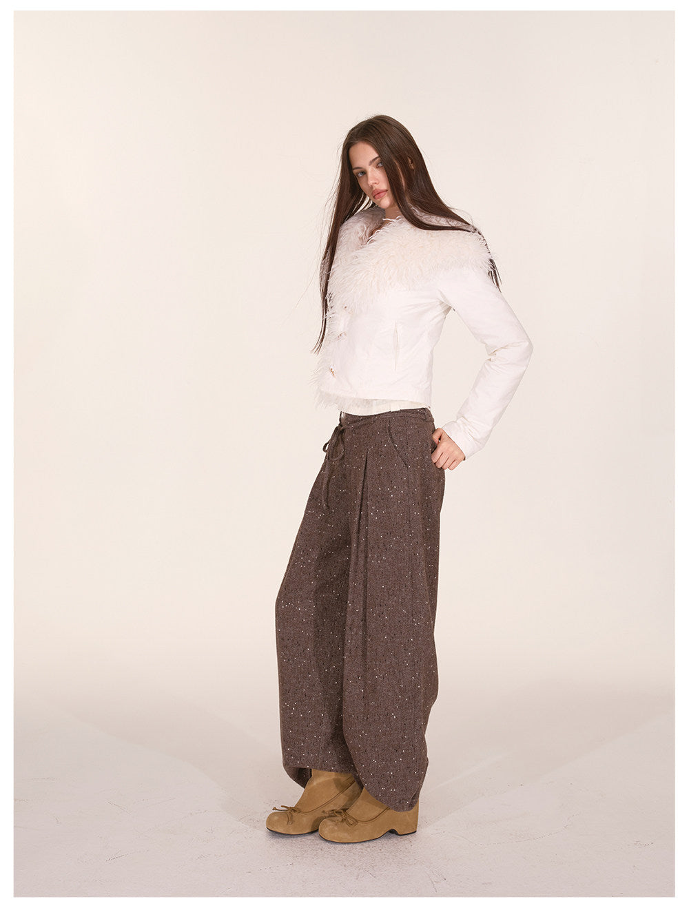 Wool Tweed Drawstring Wide-Leg Trousers