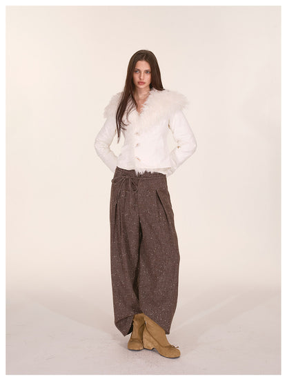 Wool Tweed Drawstring Wide-Leg Trousers