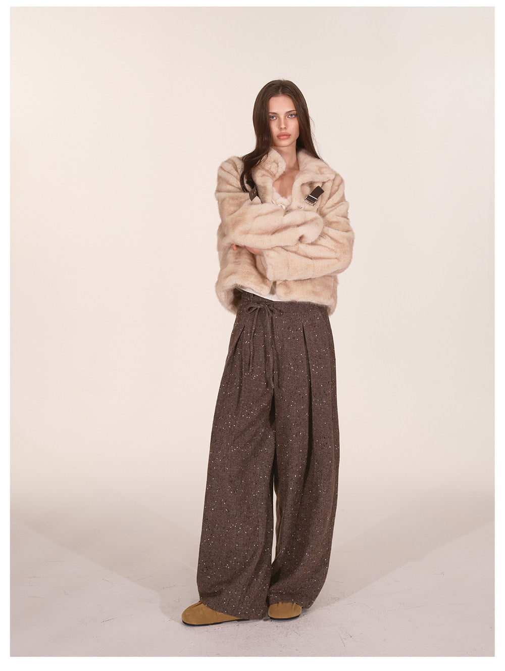 Wool Tweed Drawstring Wide-Leg Trousers