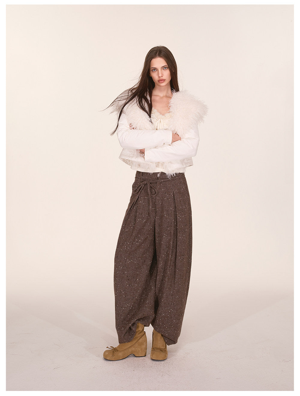 Wool Tweed Drawstring Wide-Leg Trousers