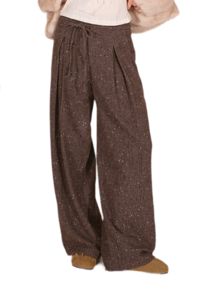 Wool Tweed Drawstring Wide-Leg Trousers