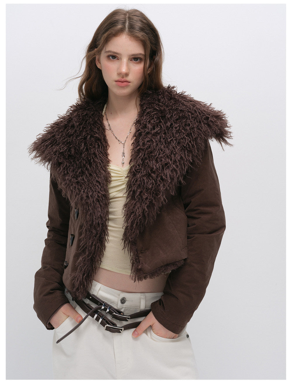 Textured Fur Collar Cropped Jacket