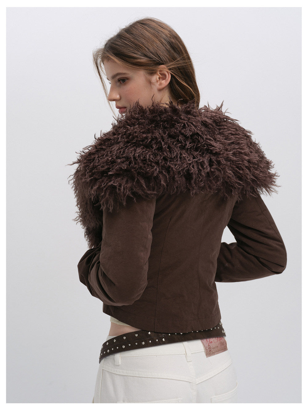 Textured Fur Collar Cropped Jacket
