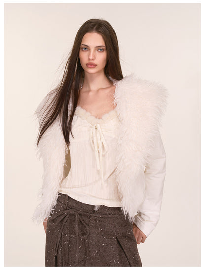 Textured Fur Collar Cropped Jacket