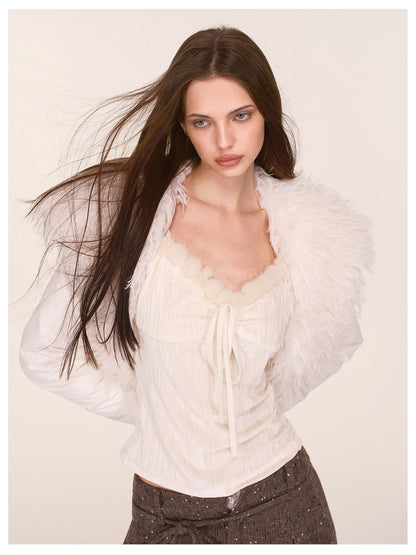 Textured Fur Collar Cropped Jacket