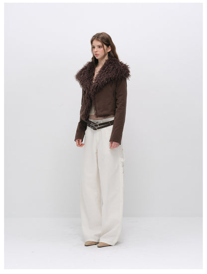 Textured Fur Collar Cropped Jacket
