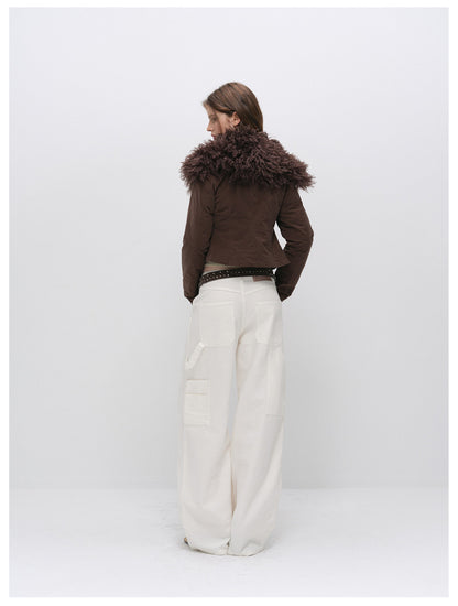 Textured Fur Collar Cropped Jacket