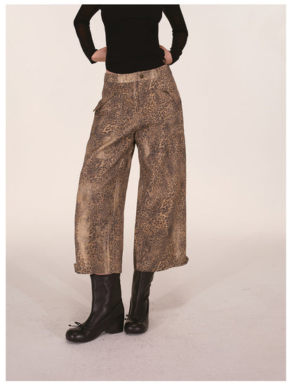 Distressed Leopard Wide-Leg Jeans