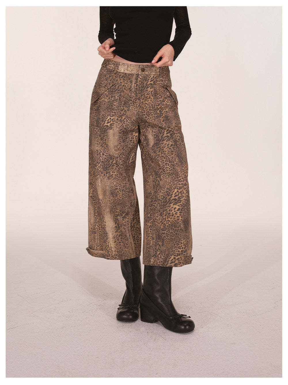 Distressed Leopard Wide-Leg Jeans