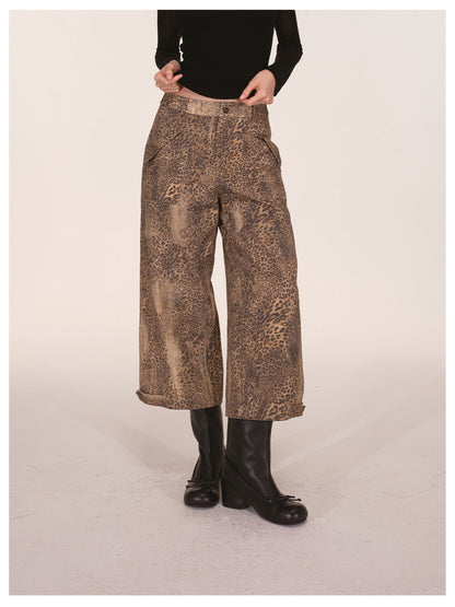Distressed Leopard Wide-Leg Jeans
