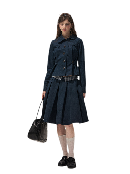 Washed Denim Pleated Set
