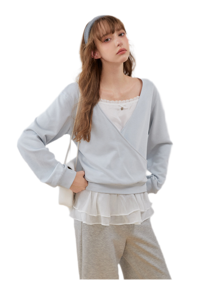 Sweatshirt met kanten ruches en V-hals