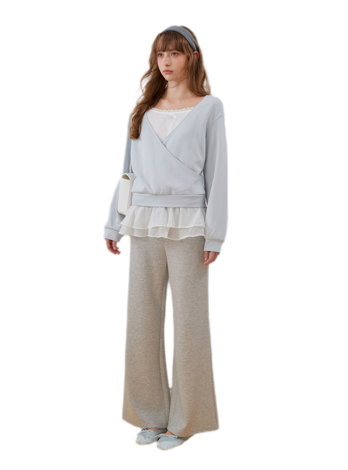 Sweatshirt met kanten ruches en V-hals