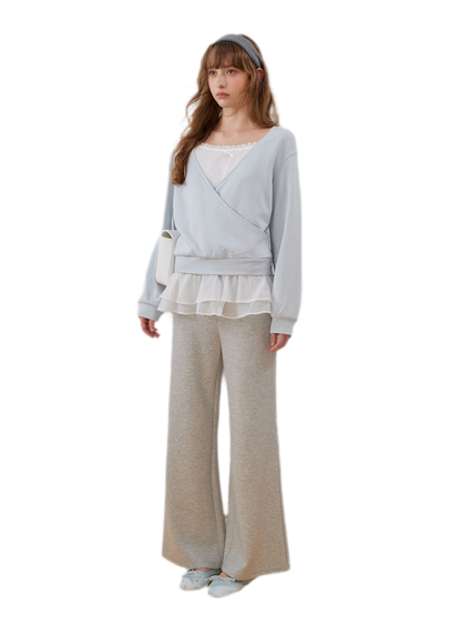 Sweatshirt met kanten ruches en V-hals