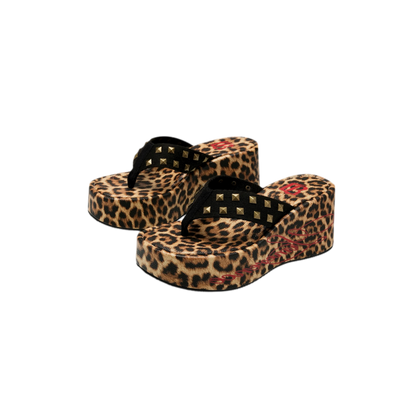 Studded Animal Print Platform Slides