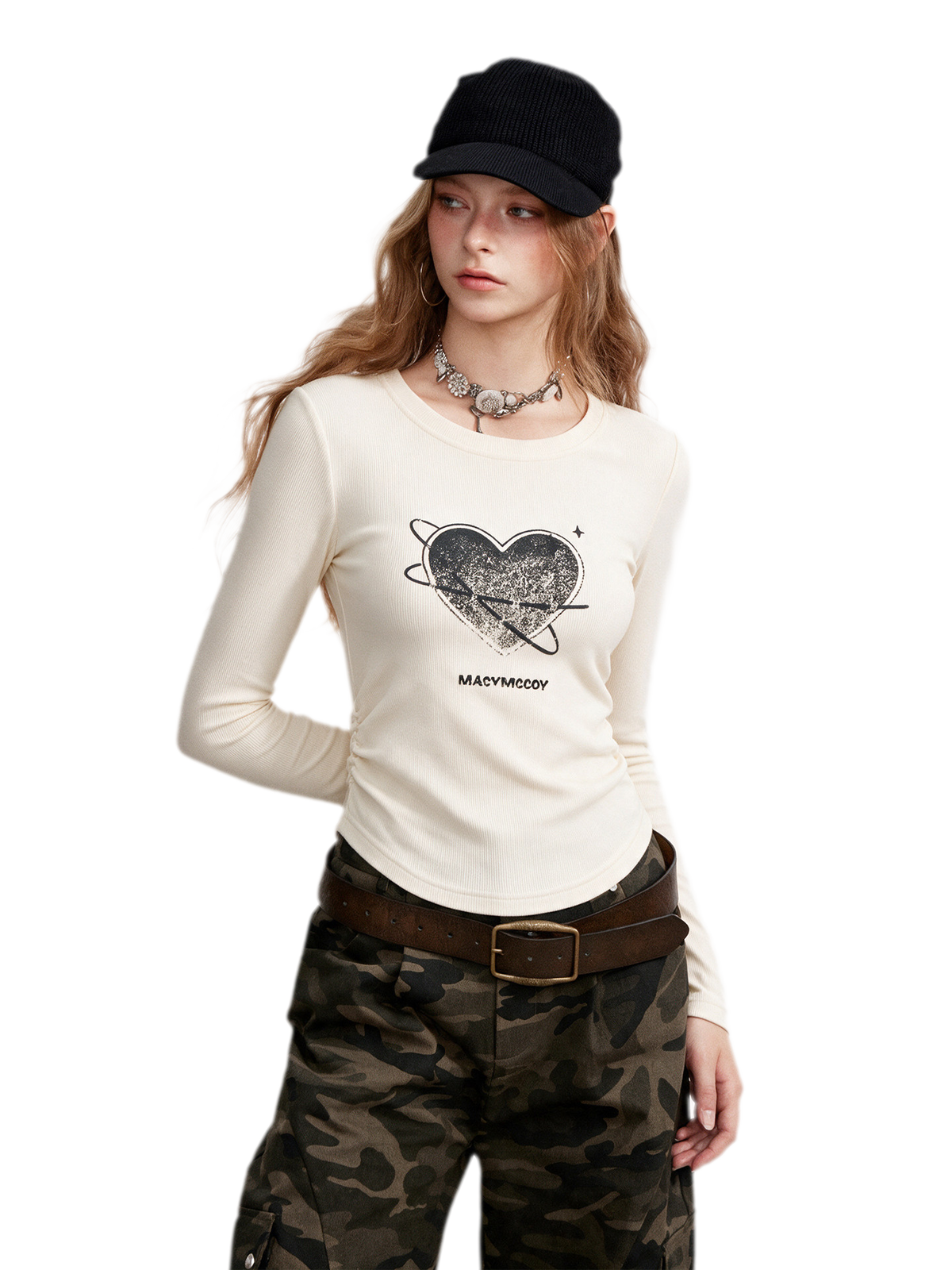 T-shirt ajusté à manches longues avec cœur en strass