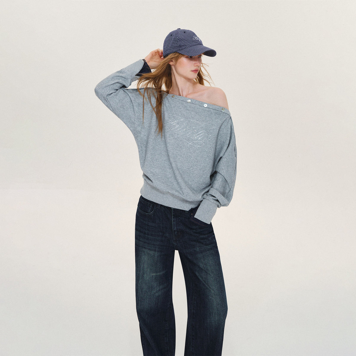 Rhinestone Off-Shoulder Relaxed Sweatshirt