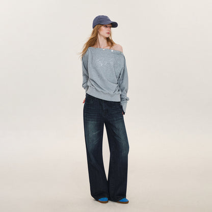Rhinestone Off-Shoulder Relaxed Sweatshirt